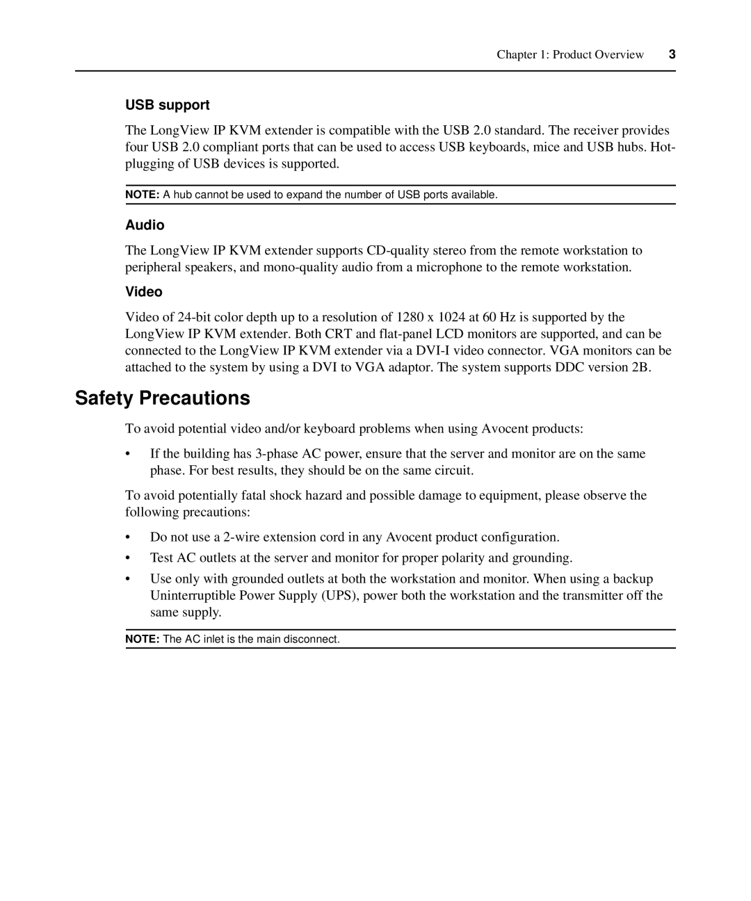 Avocent LongView IP manual Safety Precautions, USB support, Audio, Video 