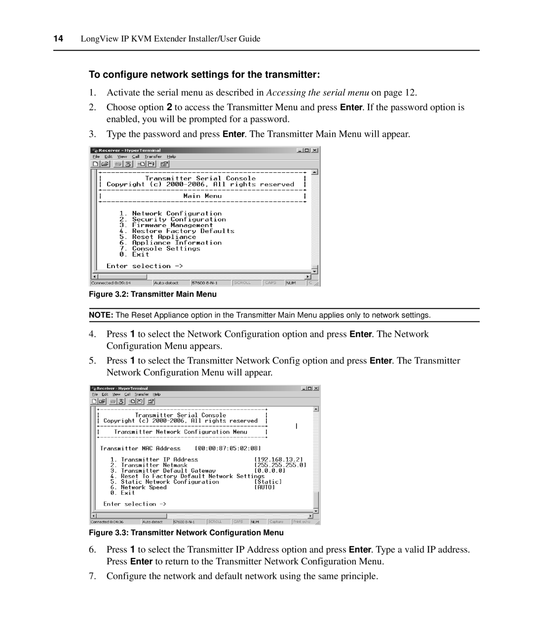 Avocent LongView IP manual To configure network settings for the transmitter, Transmitter Main Menu 