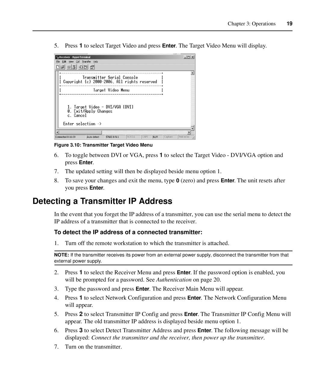 Avocent LongView IP manual Detecting a Transmitter IP Address, To detect the IP address of a connected transmitter 