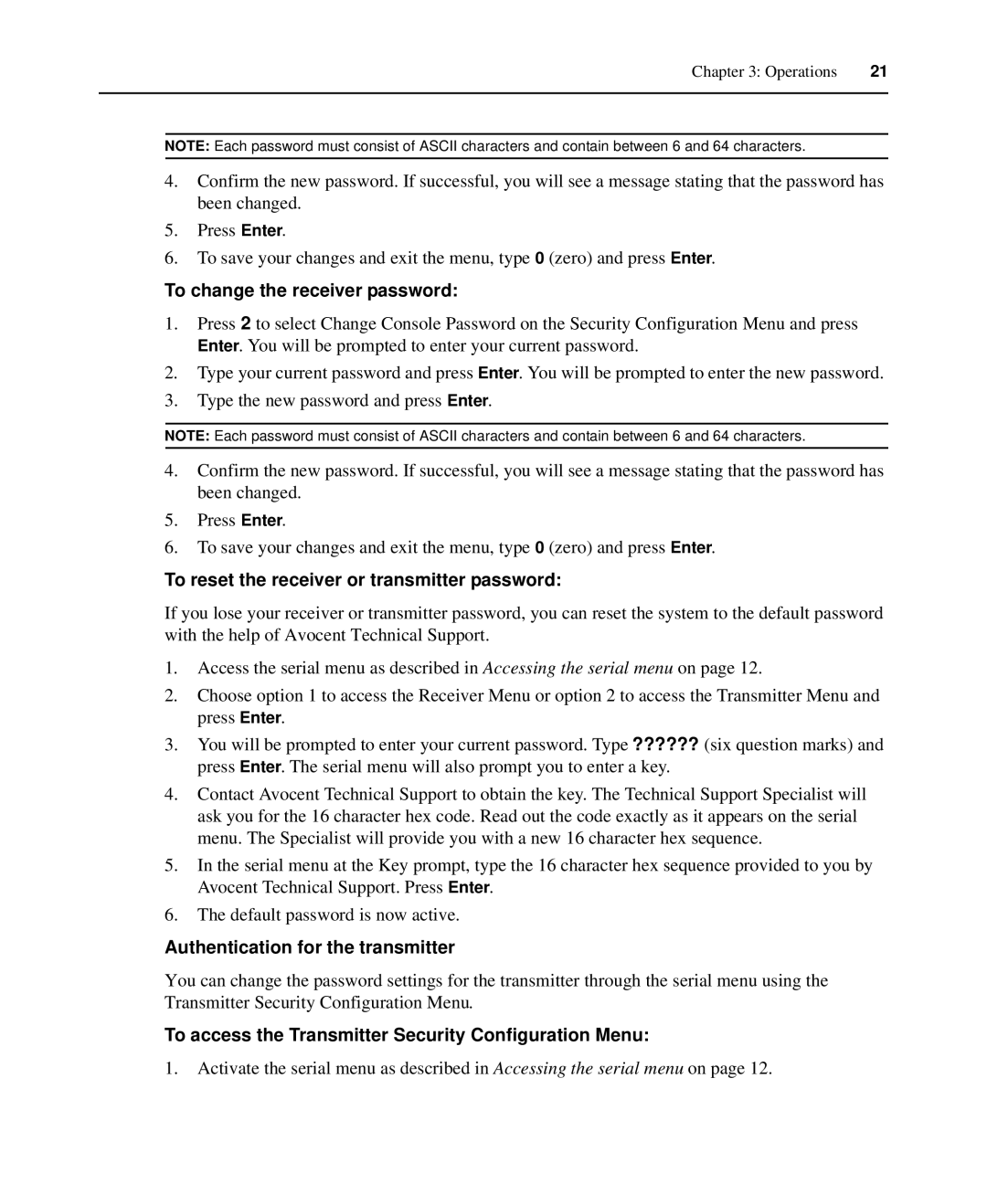 Avocent LongView IP manual To change the receiver password, To reset the receiver or transmitter password 