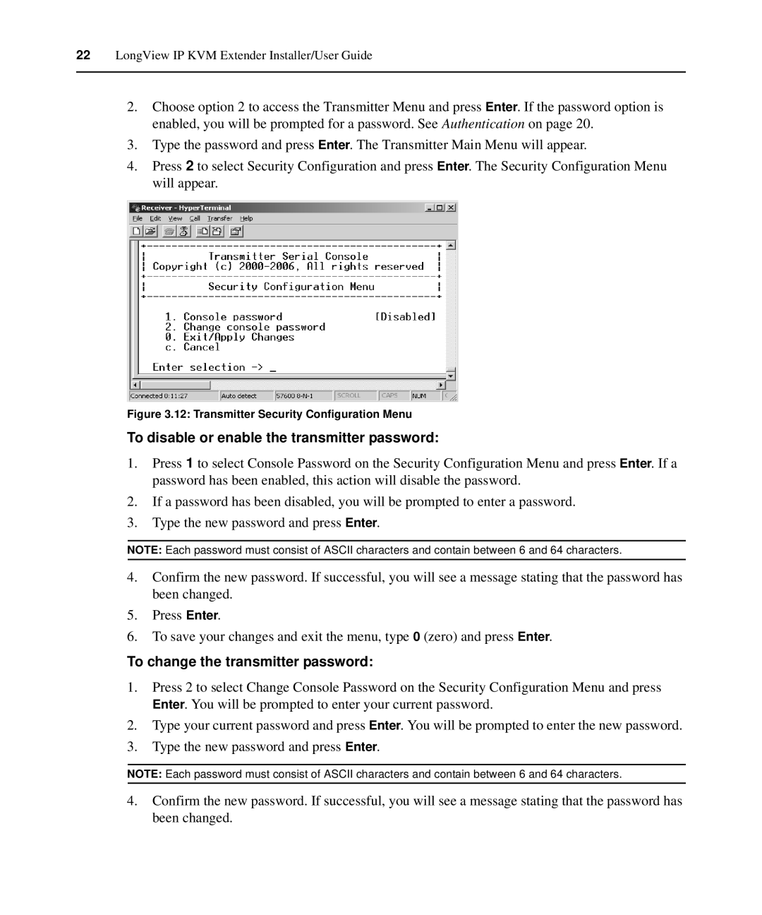 Avocent LongView IP manual To disable or enable the transmitter password, To change the transmitter password 