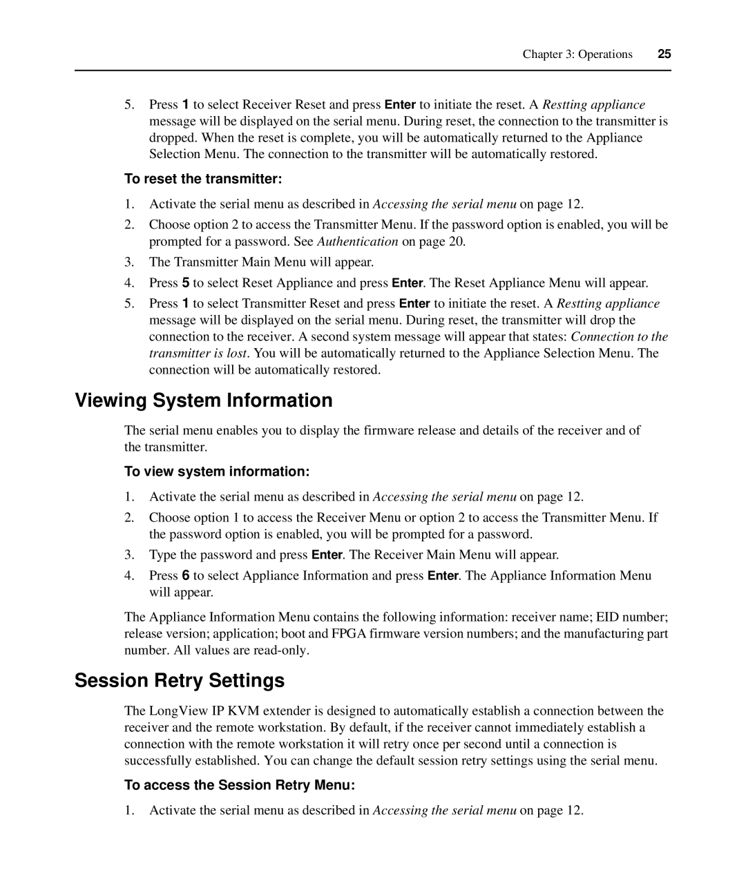 Avocent LongView IP manual Viewing System Information, Session Retry Settings, To reset the transmitter 