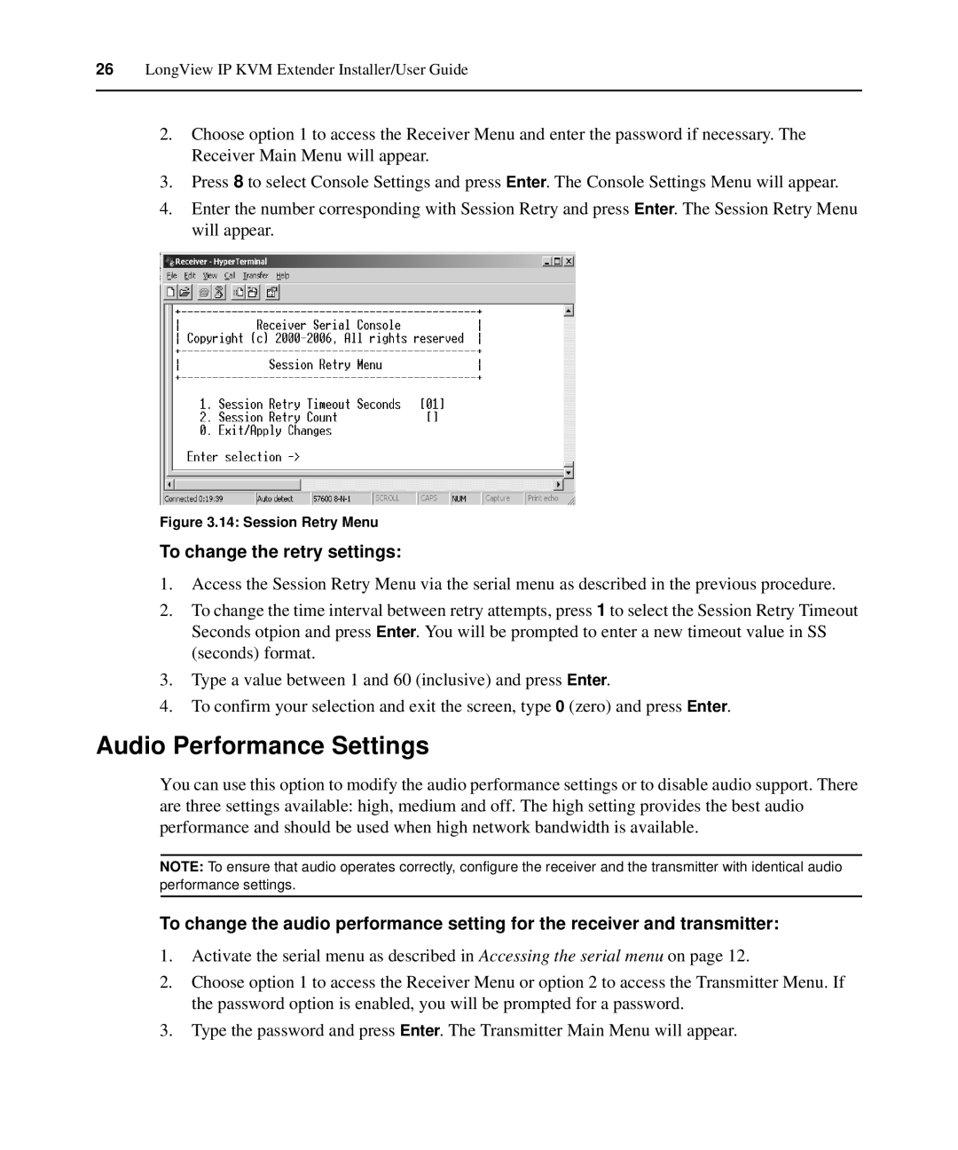 Avocent LongView IP manual Audio Performance Settings, To change the retry settings 