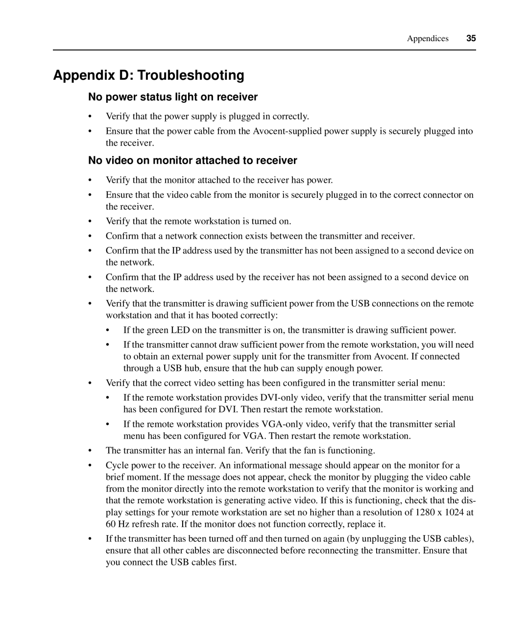 Avocent LongView IP manual Appendix D Troubleshooting, No power status light on receiver 