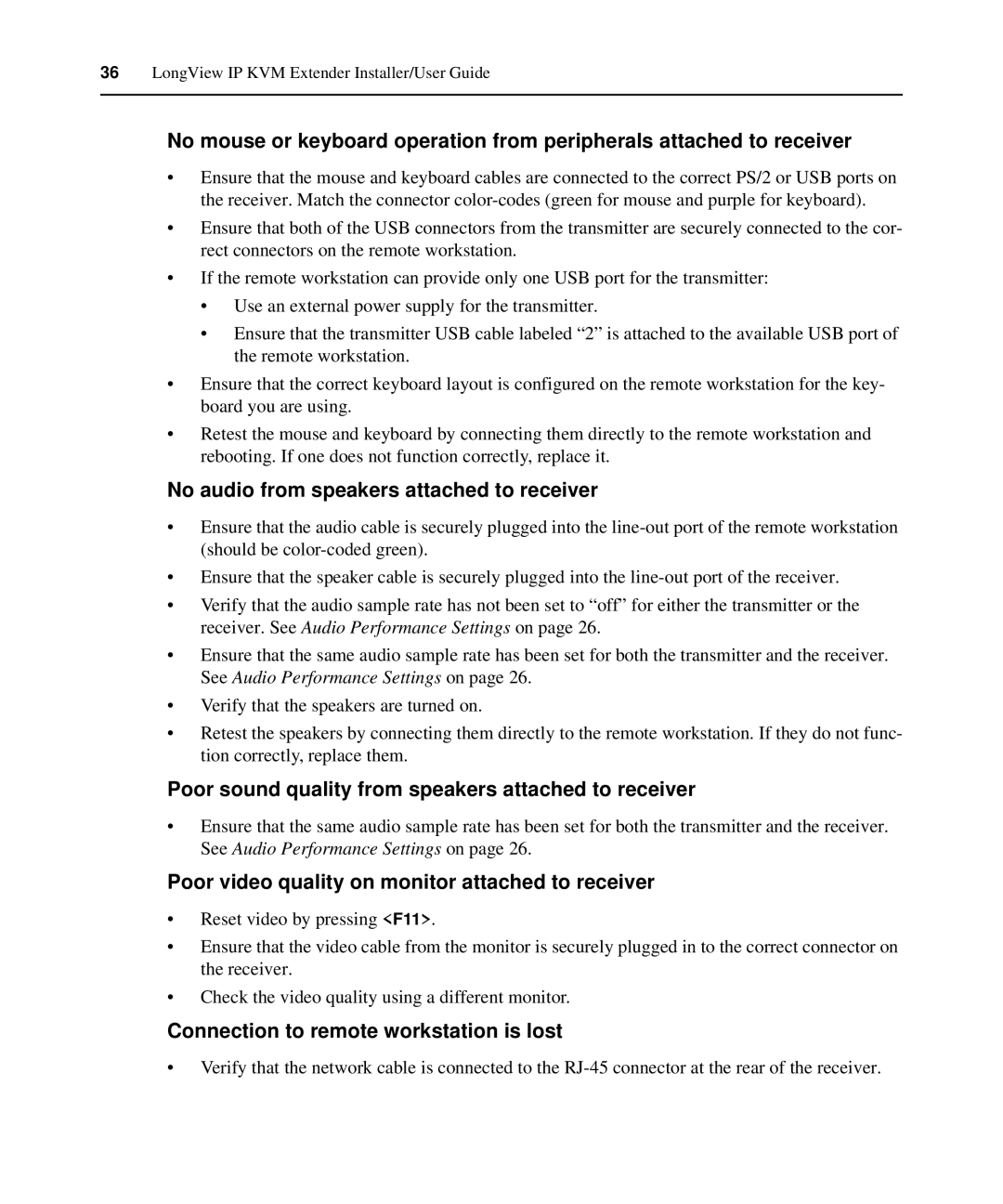 Avocent LongView IP manual No audio from speakers attached to receiver 