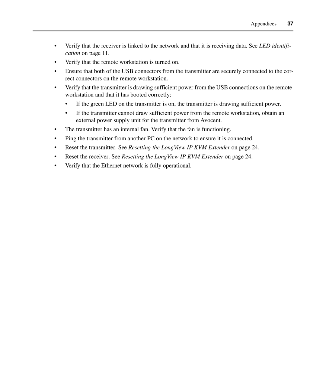 Avocent LongView IP manual Verify that the Ethernet network is fully operational 