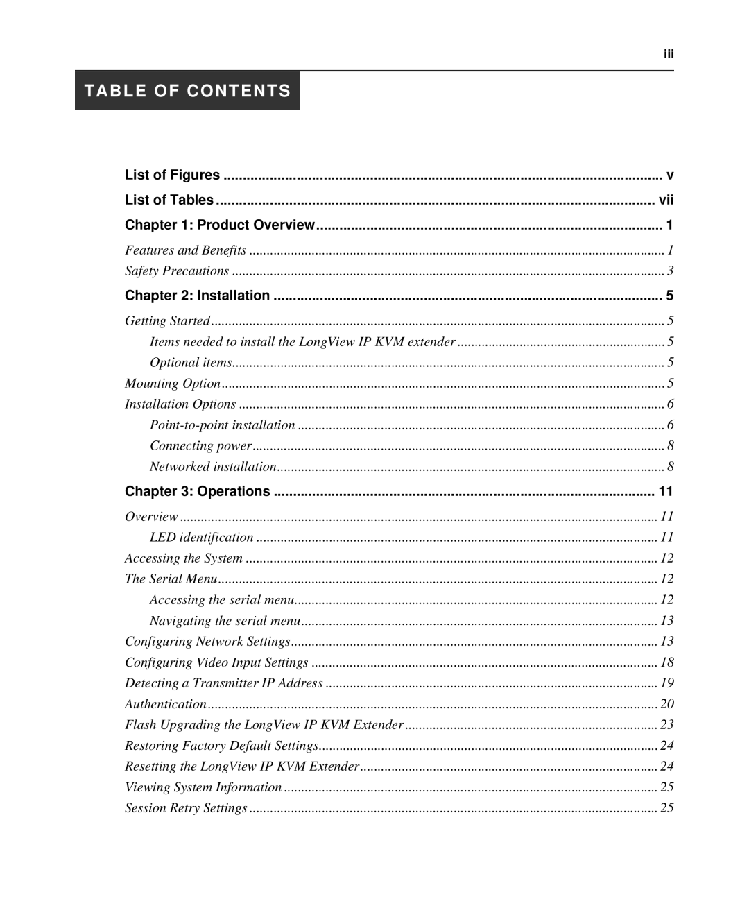 Avocent LongView IP manual Table of Contents 