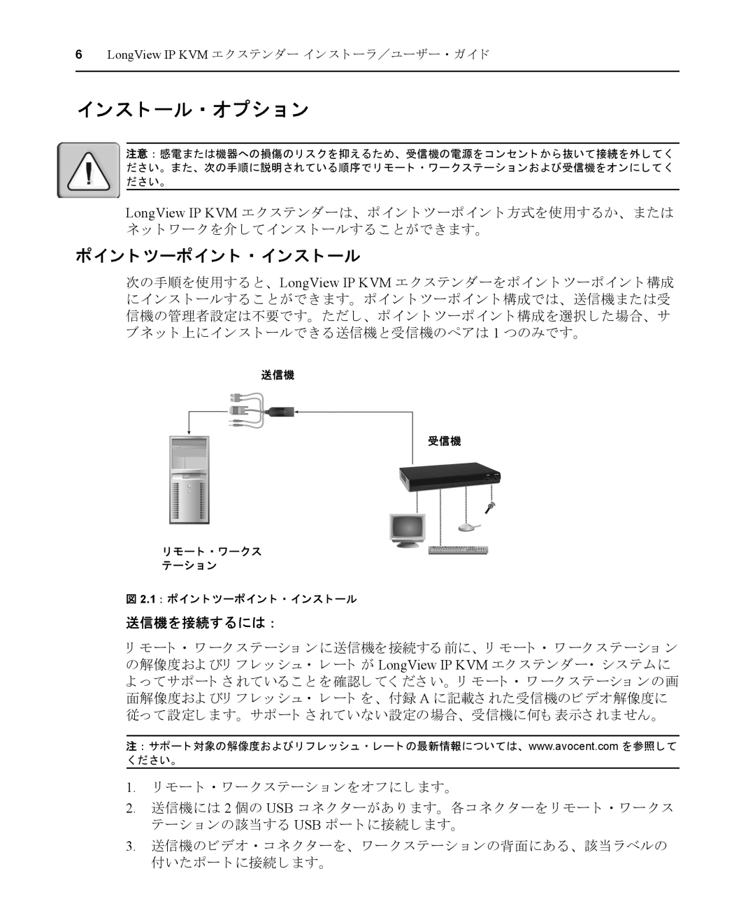 Avocent LongView IP manual ンス ト ール ・ オプシ ョ ン, 送信機を接続するには ： 