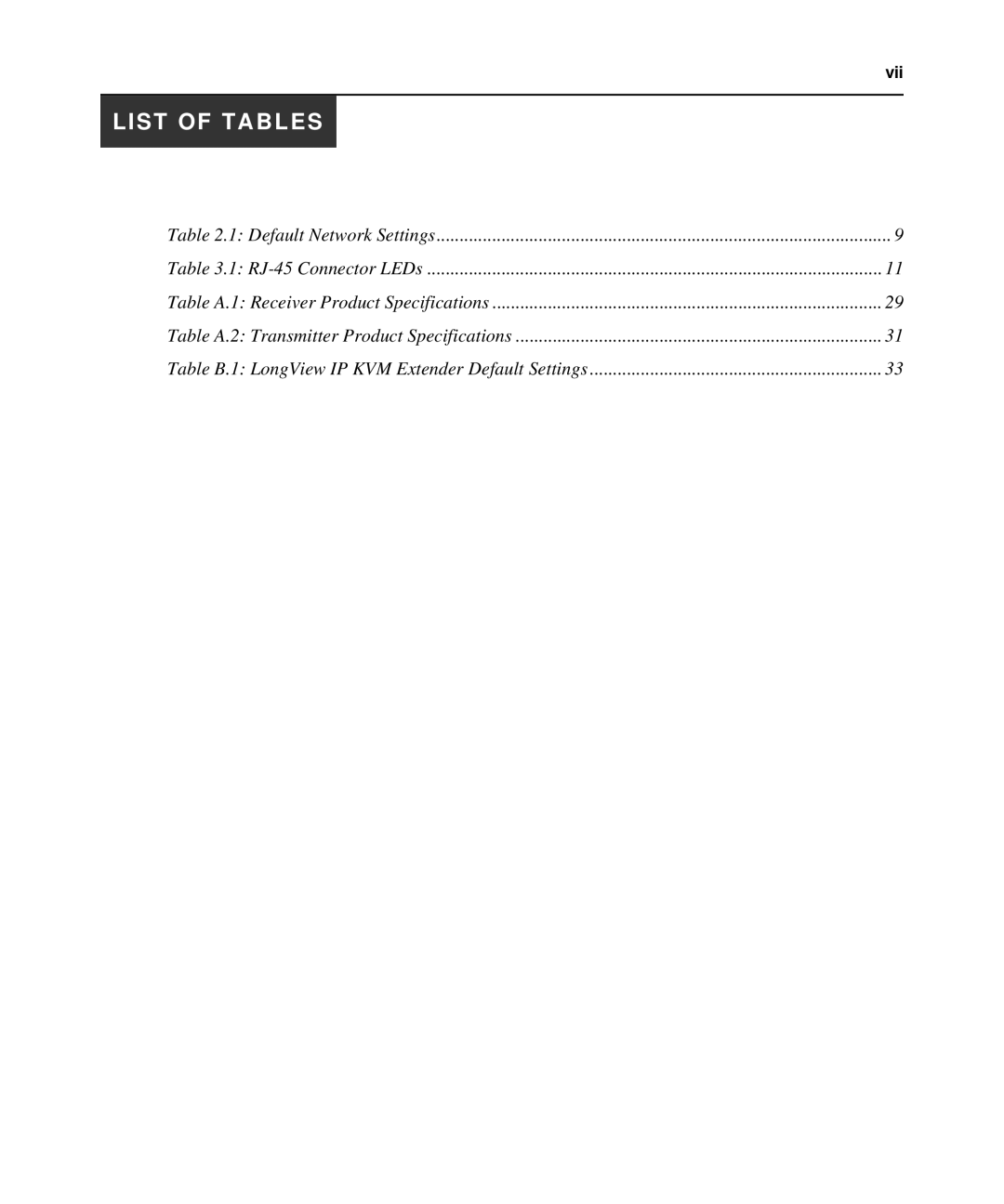 Avocent LongView IP manual List of Tables 