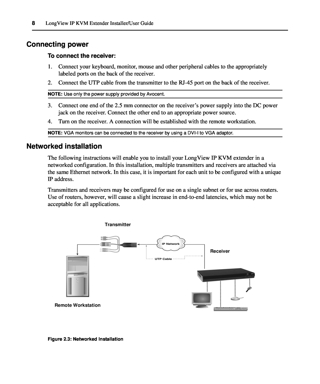 Avocent LongView IP manual Connecting power, Networked installation, To connect the receiver 