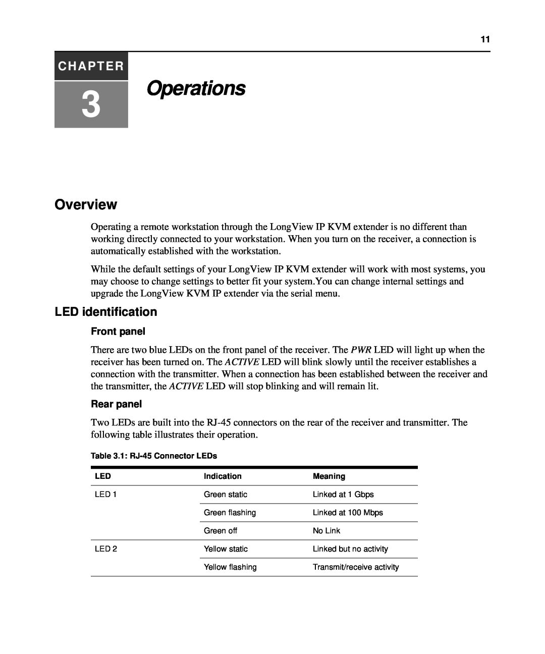 Avocent LongView IP manual Operations, Overview, LED identification, Front panel, Rear panel, Chapter 