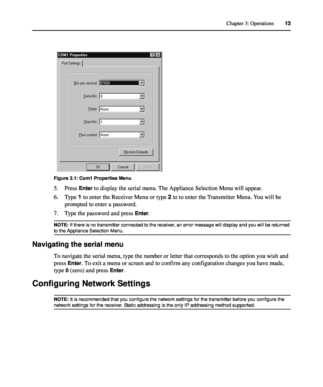 Avocent LongView IP manual Configuring Network Settings, Navigating the serial menu 