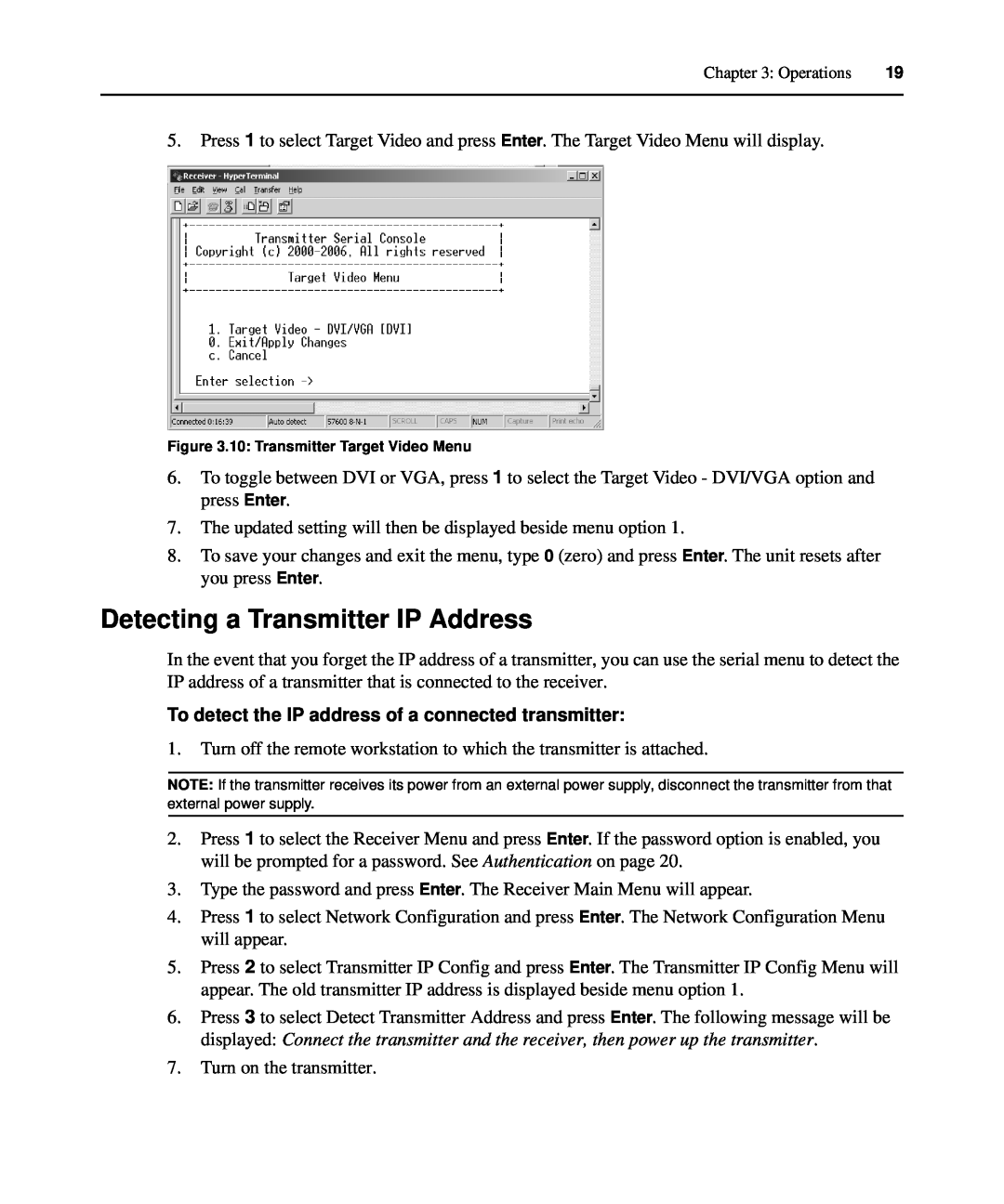 Avocent LongView IP manual Detecting a Transmitter IP Address, To detect the IP address of a connected transmitter 