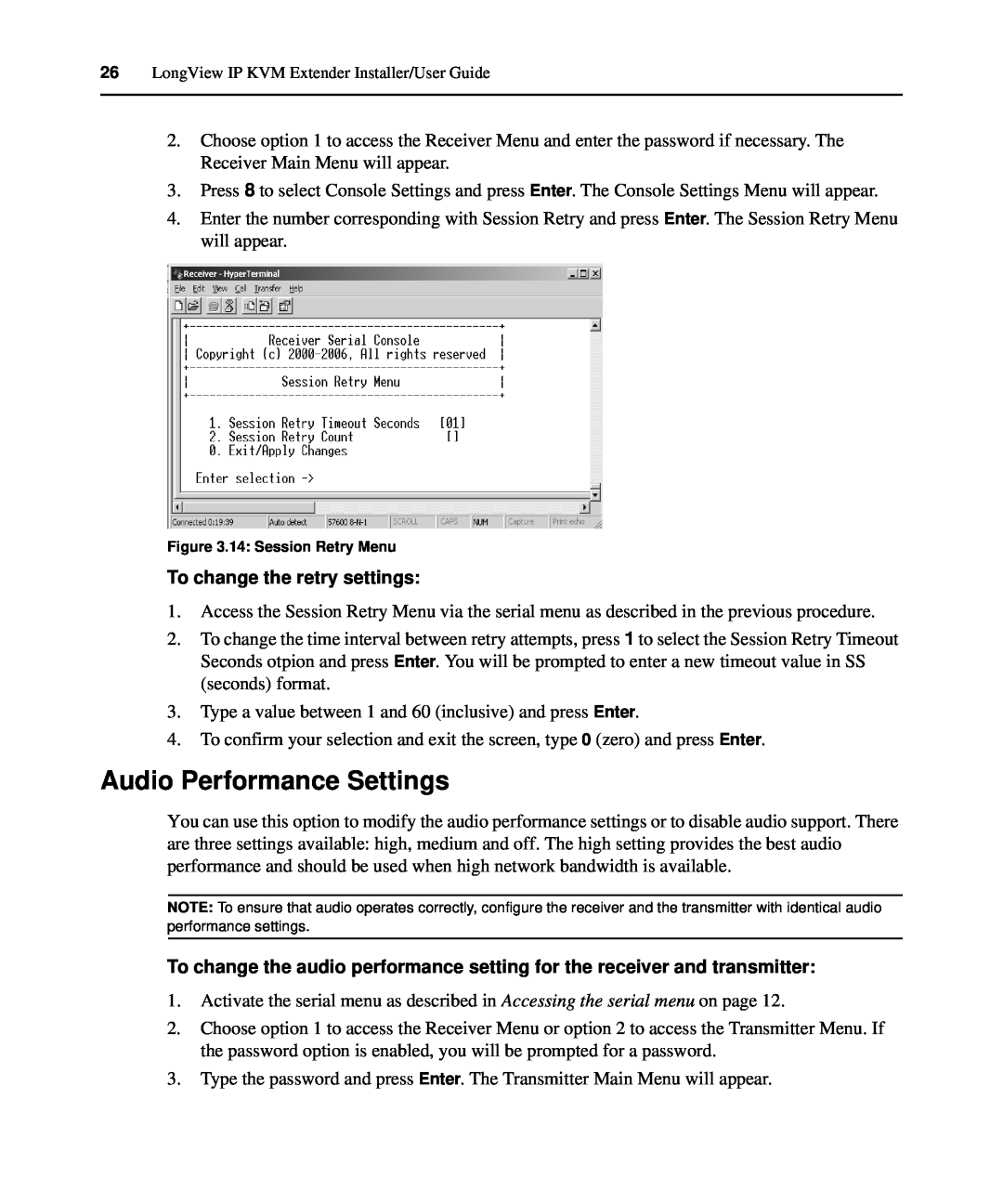 Avocent LongView IP manual Audio Performance Settings, To change the retry settings 