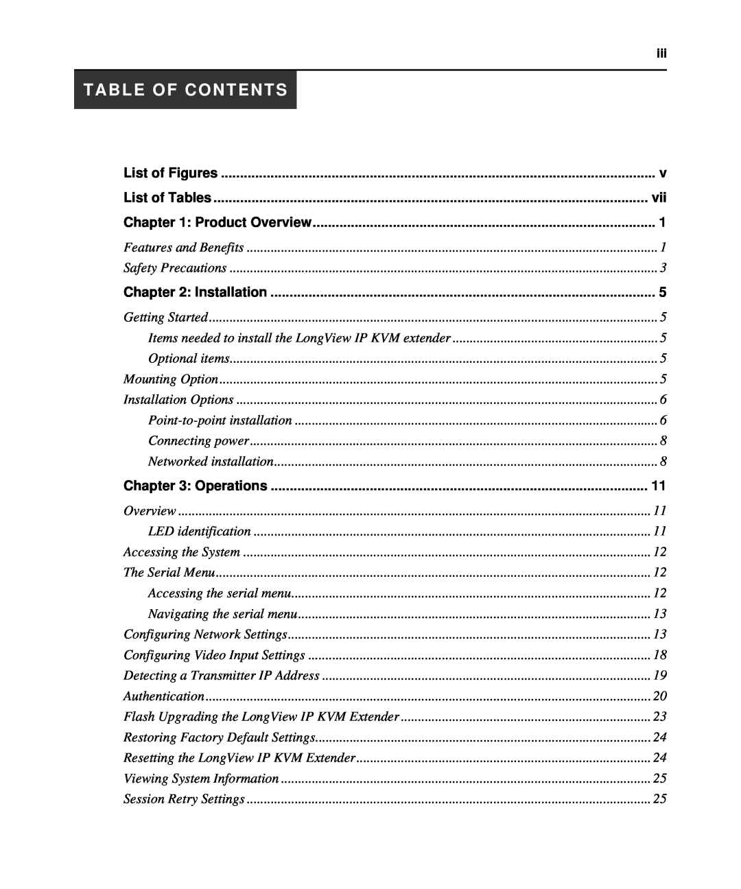 Avocent LongView IP manual Table Of Contents, Features and Benefits, Safety Precautions, Getting Started, Optional items 