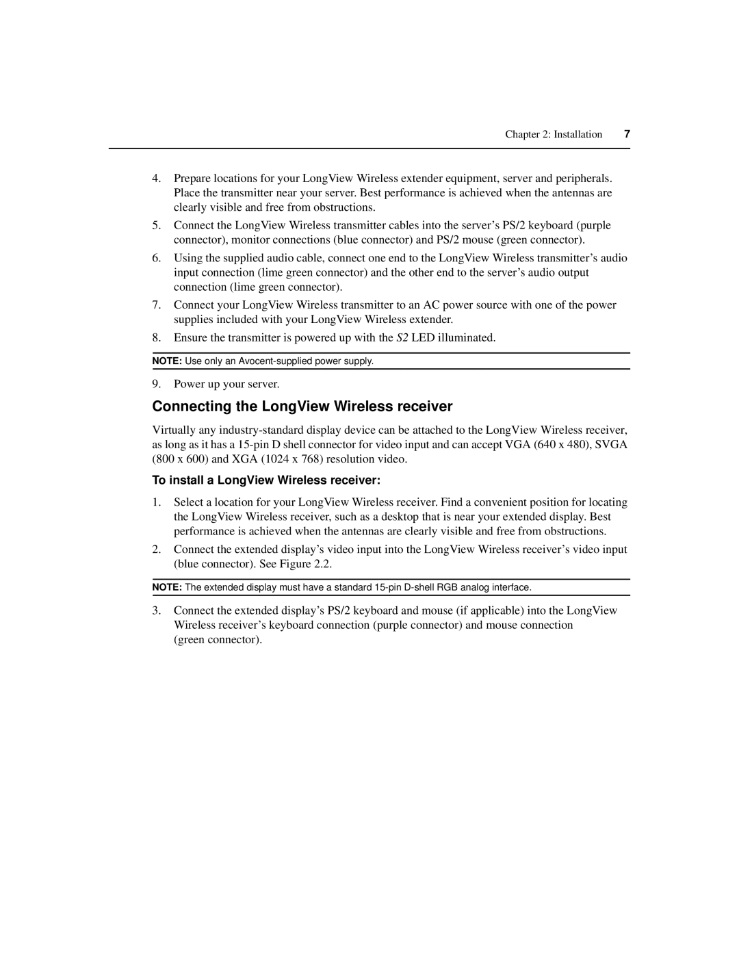 Avocent manual Connecting the LongView Wireless receiver, To install a LongView Wireless receiver 