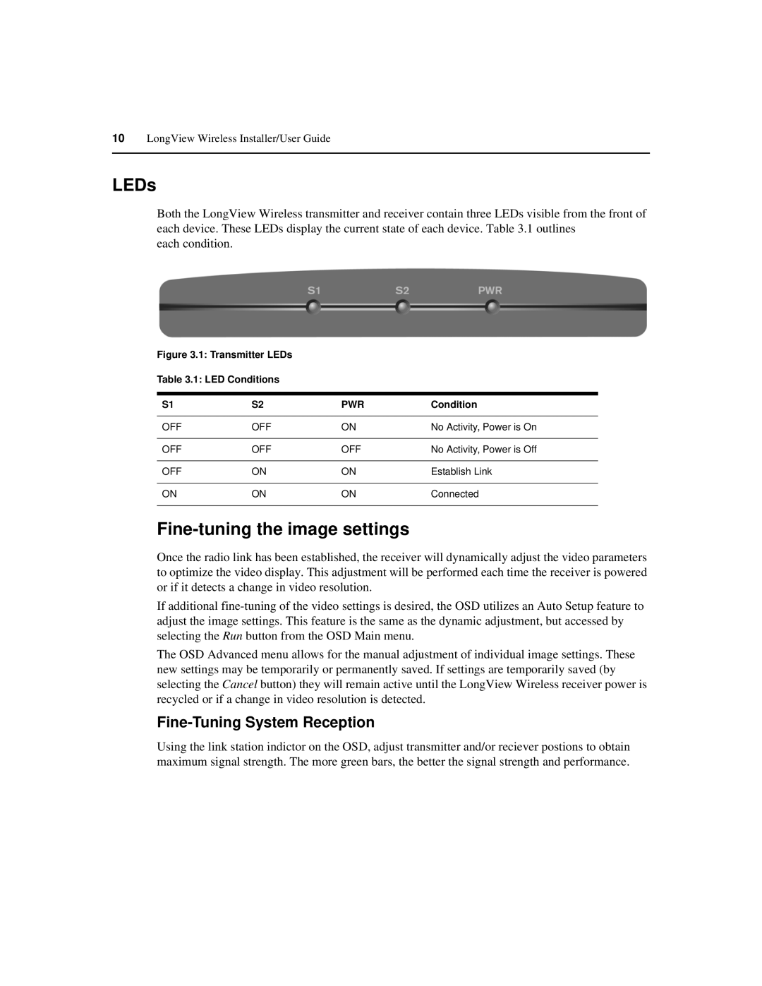 Avocent LongView Wireless manual LEDs, Fine-tuning the image settings, Fine-Tuning System Reception 