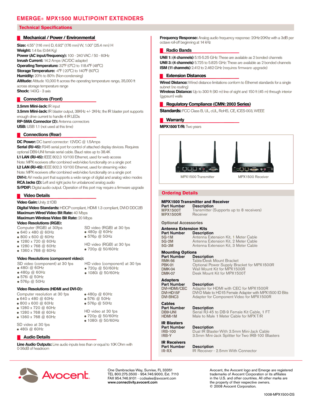 Avocent MPX1500 manual Connections Front, Connections Rear, Video Details, Radio Bands, Audio Details 