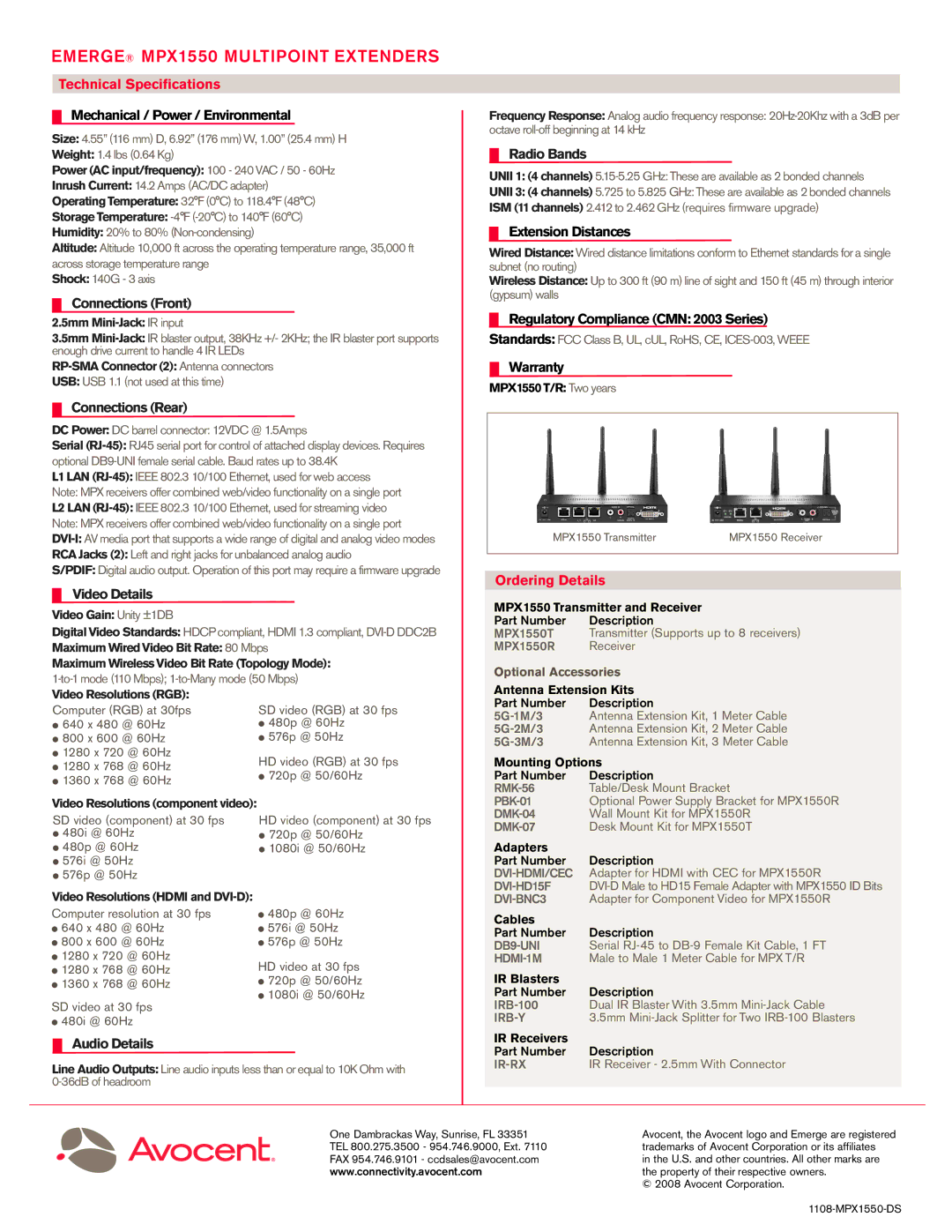 Avocent MPX1550 manual Connections Front, Connections Rear, Video Details, Radio Bands, Audio Details 