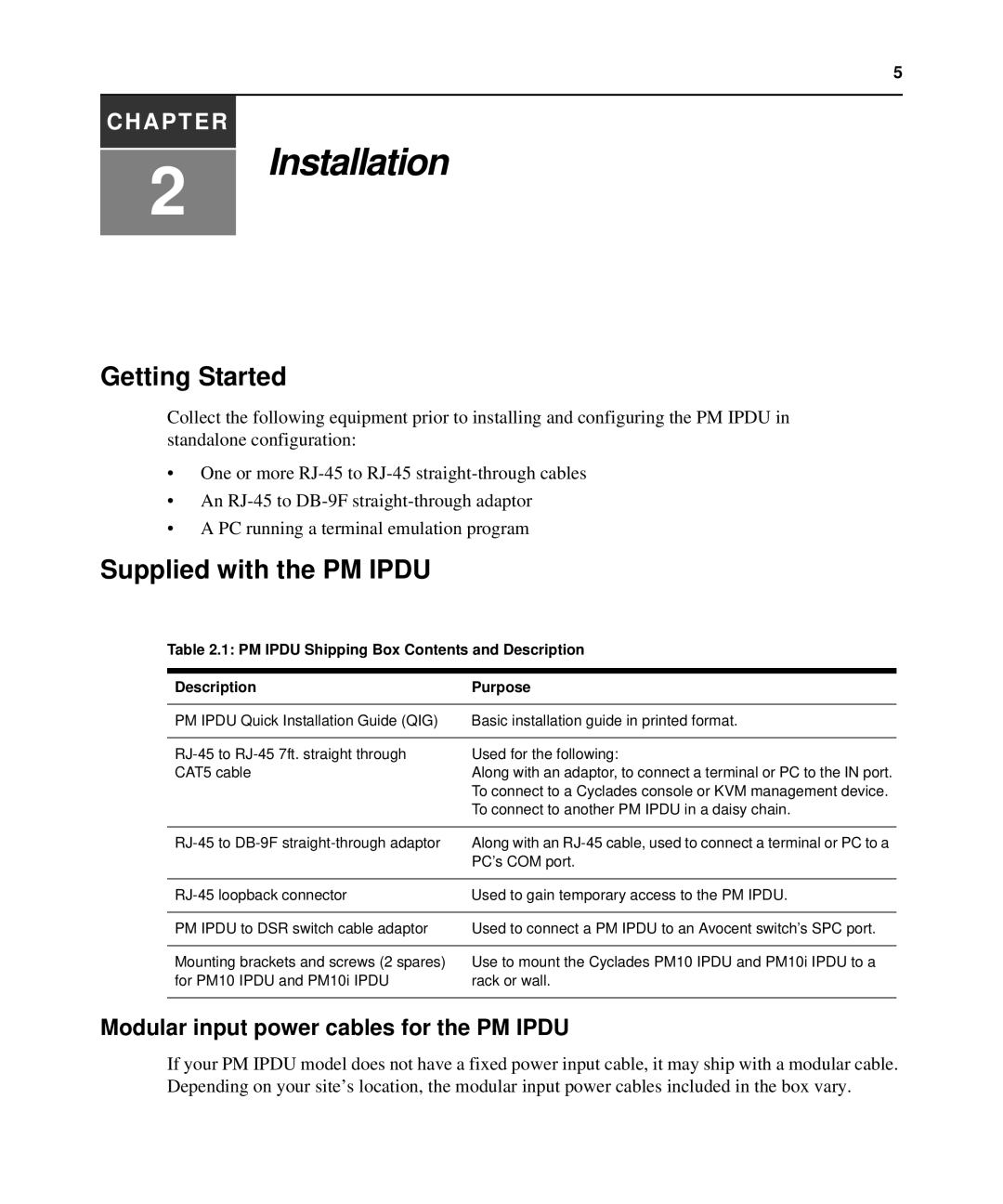 Avocent PM IPDU manual Getting Started, Supplied with the PM Ipdu, Modular input power cables for the PM Ipdu 