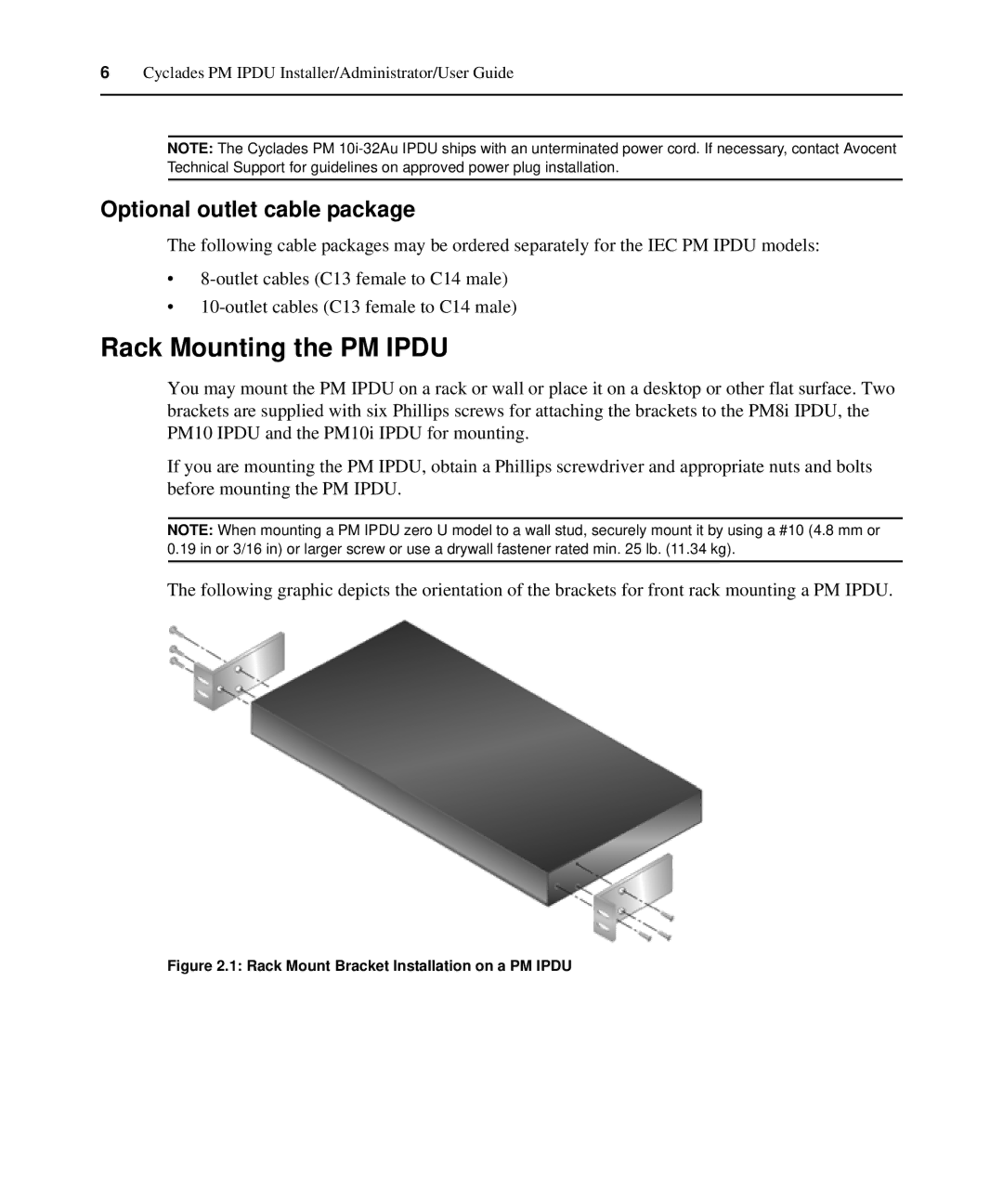 Avocent PM IPDU manual Rack Mounting the PM Ipdu, Optional outlet cable package 