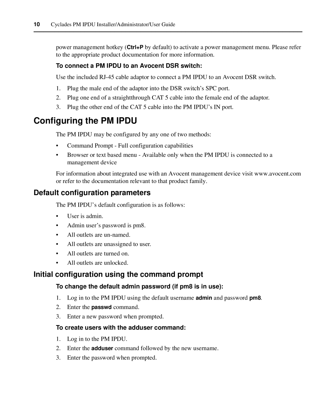 Avocent PM IPDU Configuring the PM Ipdu, Default configuration parameters, Initial configuration using the command prompt 