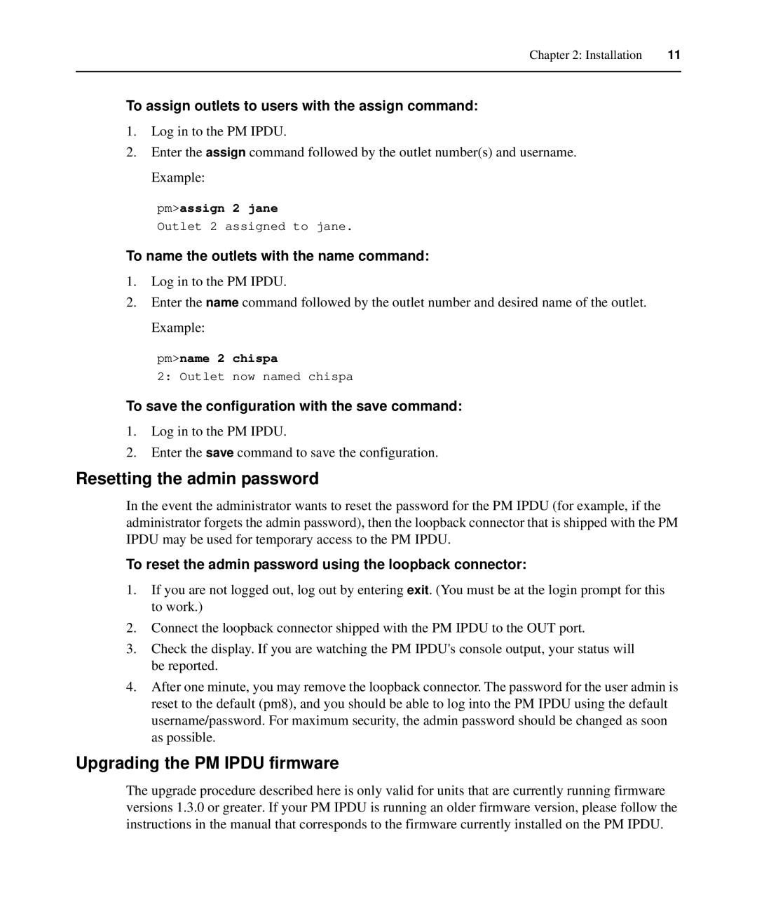 Avocent PM IPDU manual Resetting the admin password, Upgrading the PM Ipdu firmware 