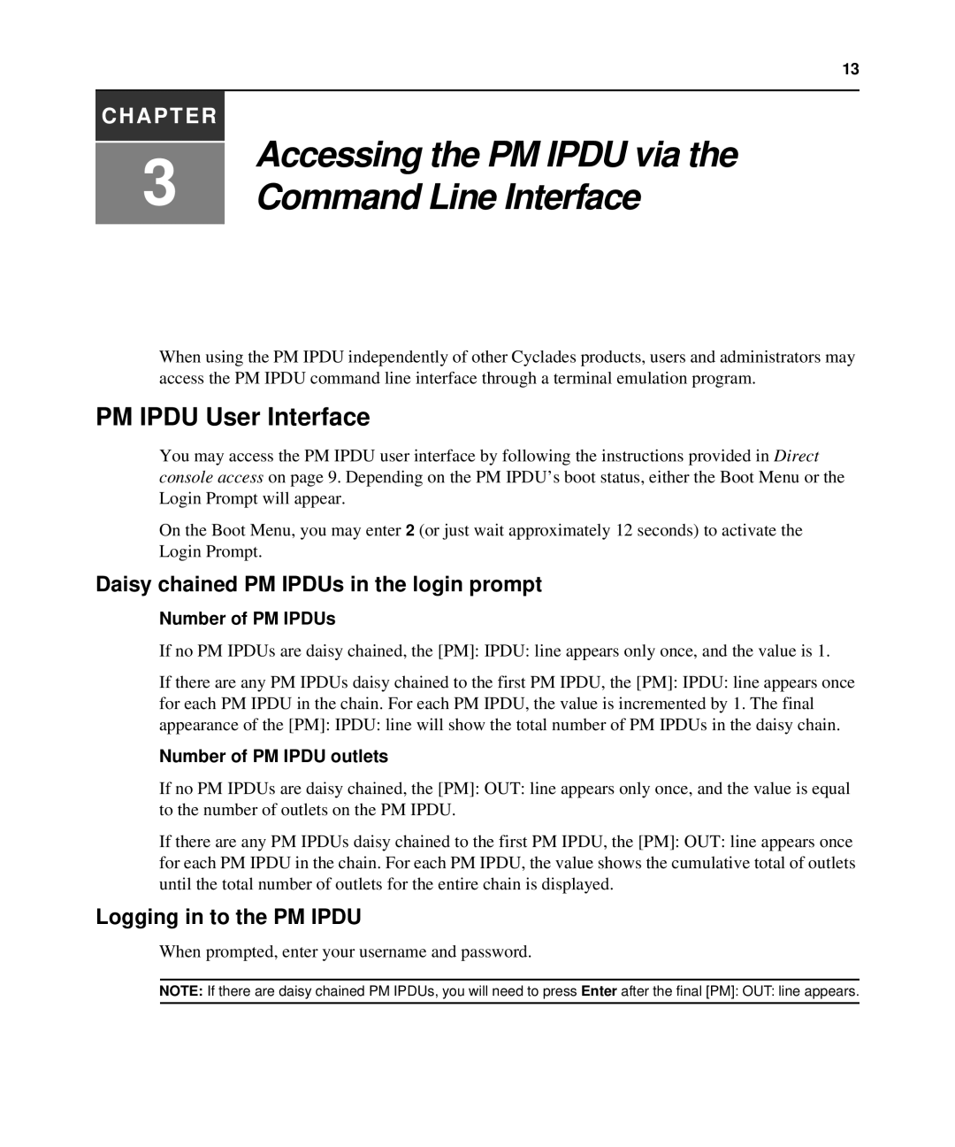 Avocent manual PM Ipdu User Interface, Daisy chained PM IPDUs in the login prompt, Logging in to the PM Ipdu 