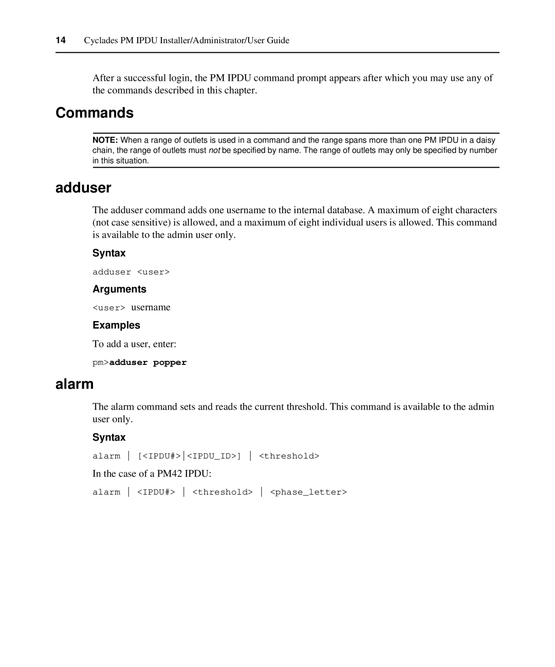 Avocent PM IPDU manual Commands Adduser, Alarm, Syntax, Arguments, Examples 