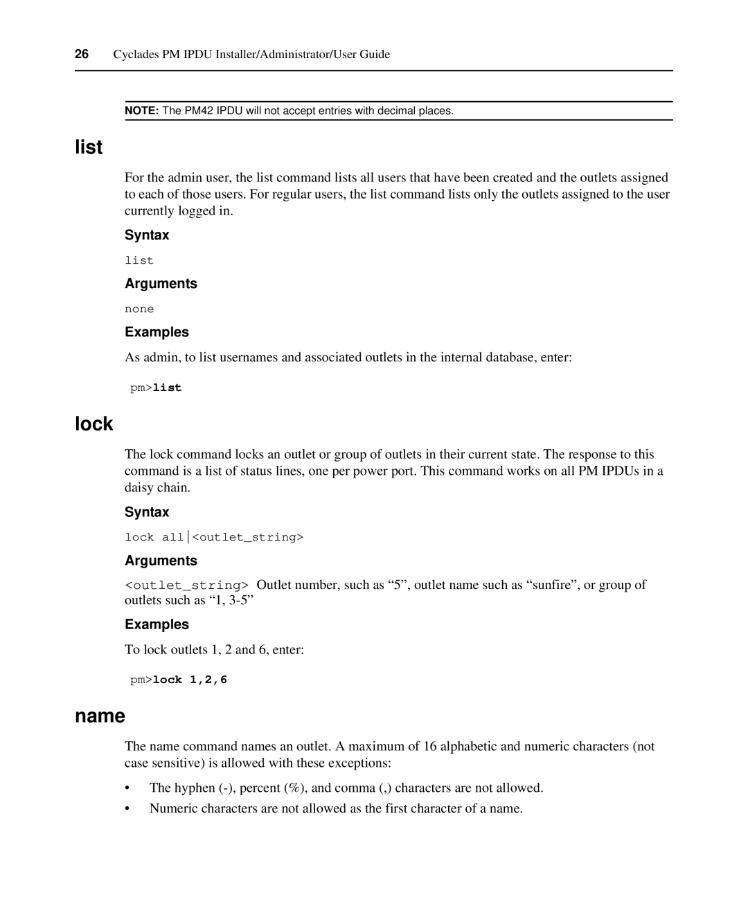 Avocent PM IPDU manual List, Lock, Name 