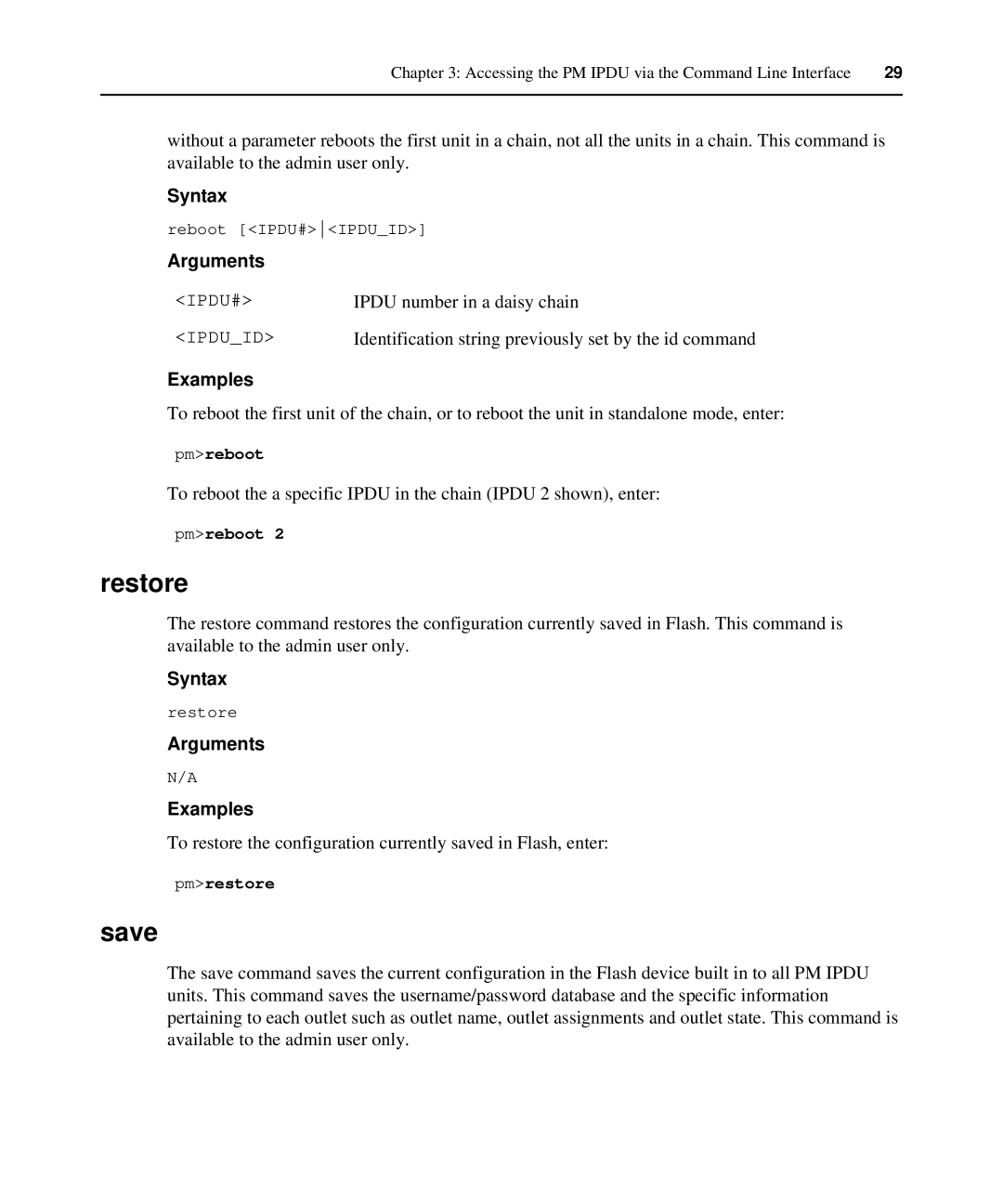 Avocent PM IPDU manual Restore, Save, Arguments Examples 