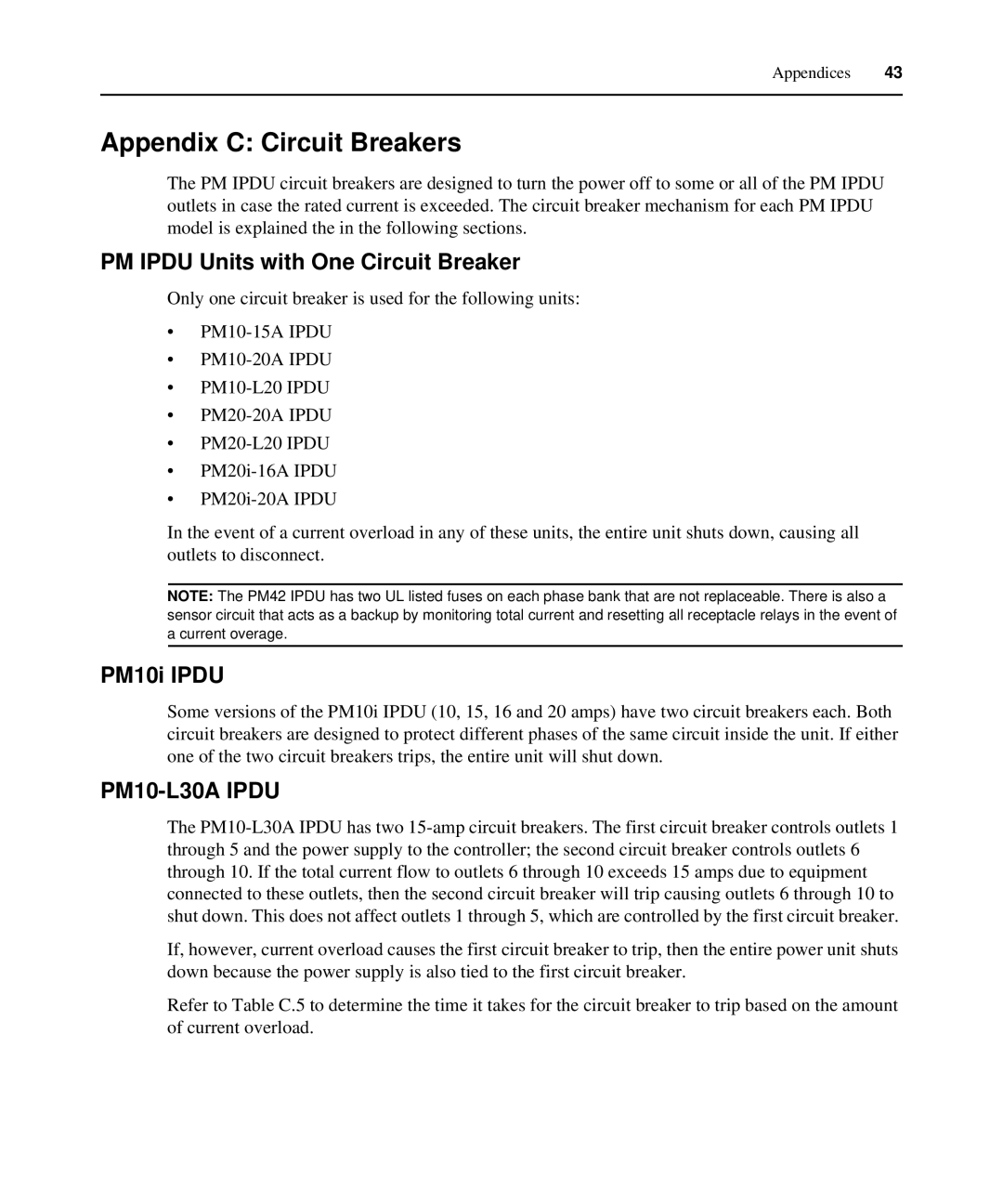 Avocent PM IPDU manual Appendix C Circuit Breakers, PM Ipdu Units with One Circuit Breaker, PM10i Ipdu 