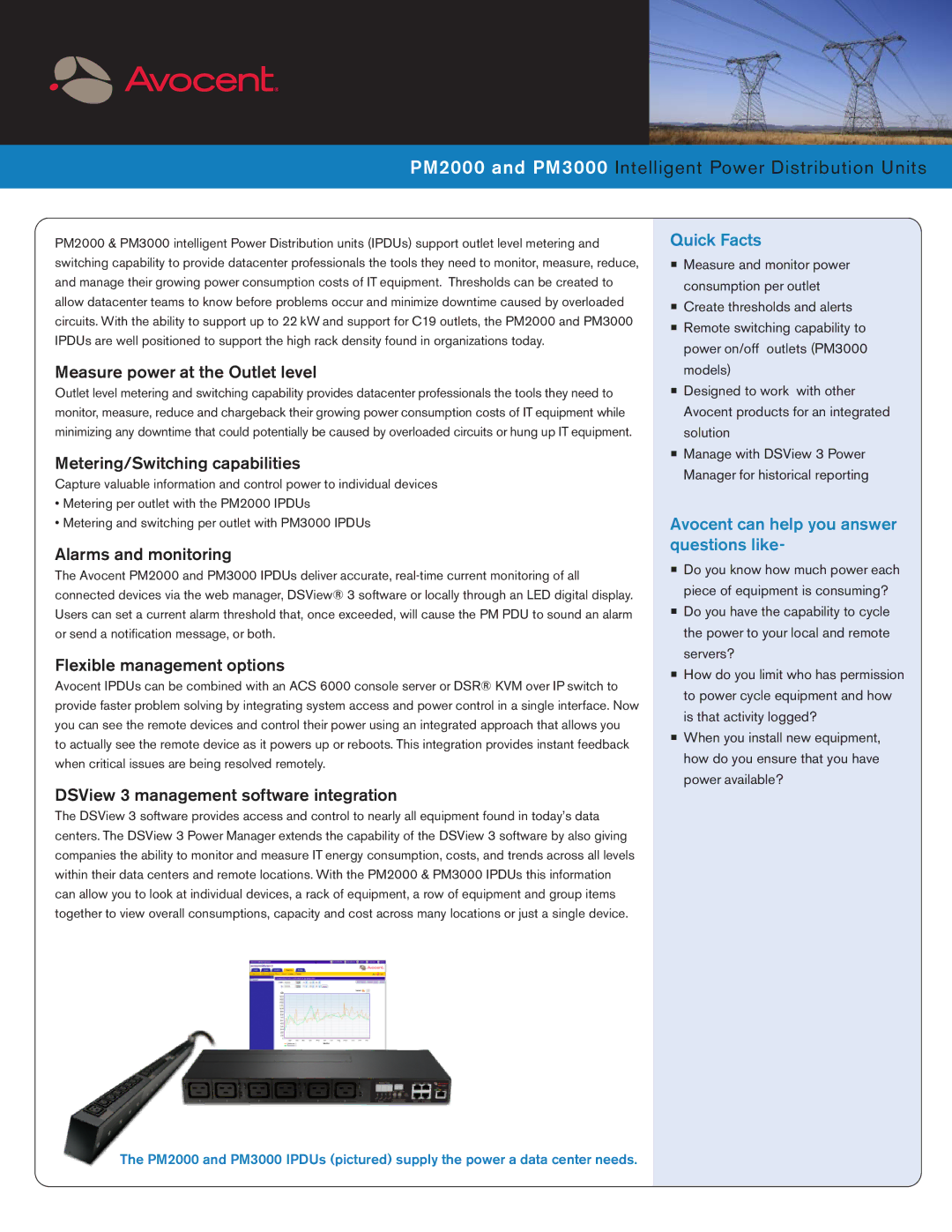 Avocent PM3000, PM2000 manual Measure power at the Outlet level, Metering/Switching capabilities, Alarms and monitoring 