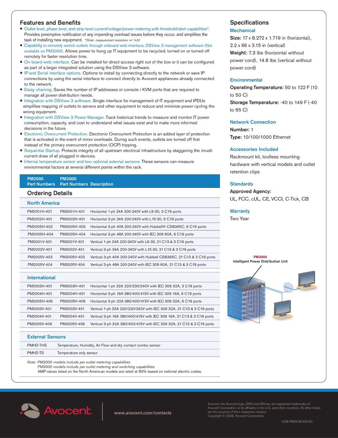 Avocent PM2000, PM3000 manual Features and Beneﬁts, Ordering Details, Speciﬁcations 