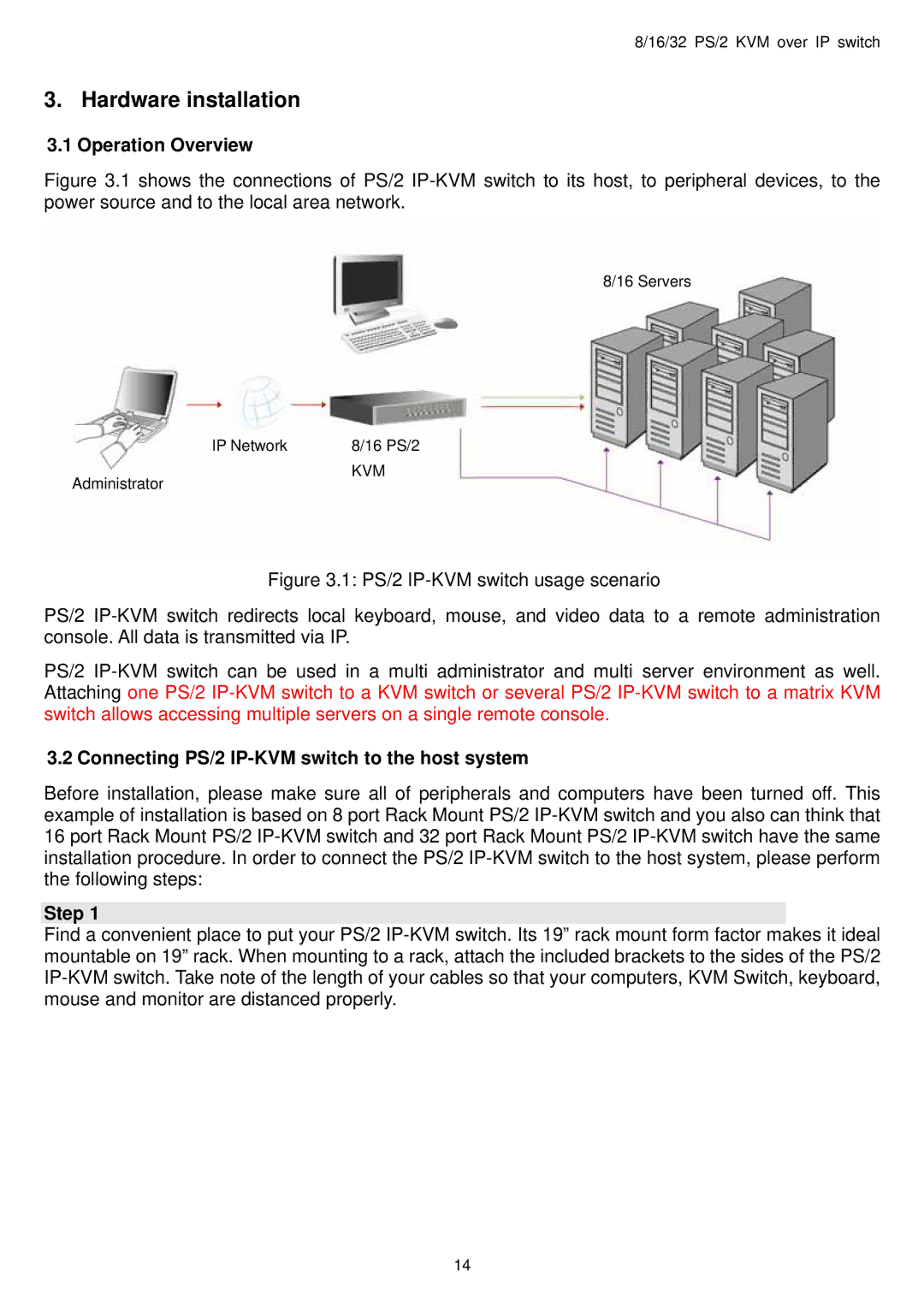 Avocent user manual Hardware installation, Operation Overview, Connecting PS/2 IP-KVM switch to the host system, Step 