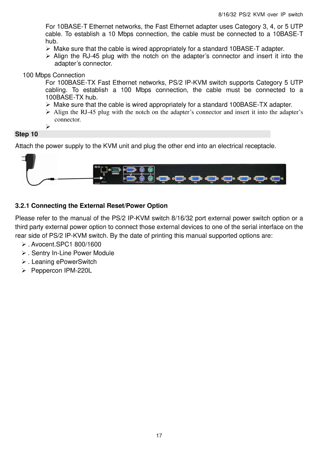 Avocent PS/2 IP user manual Connecting the External Reset/Power Option 