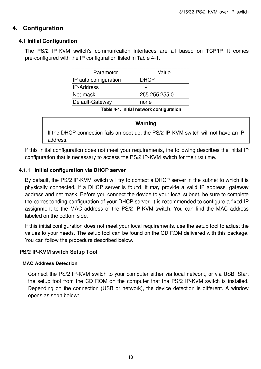 Avocent user manual Initial Configuration, Initial configuration via Dhcp server, PS/2 IP-KVM switch Setup Tool 