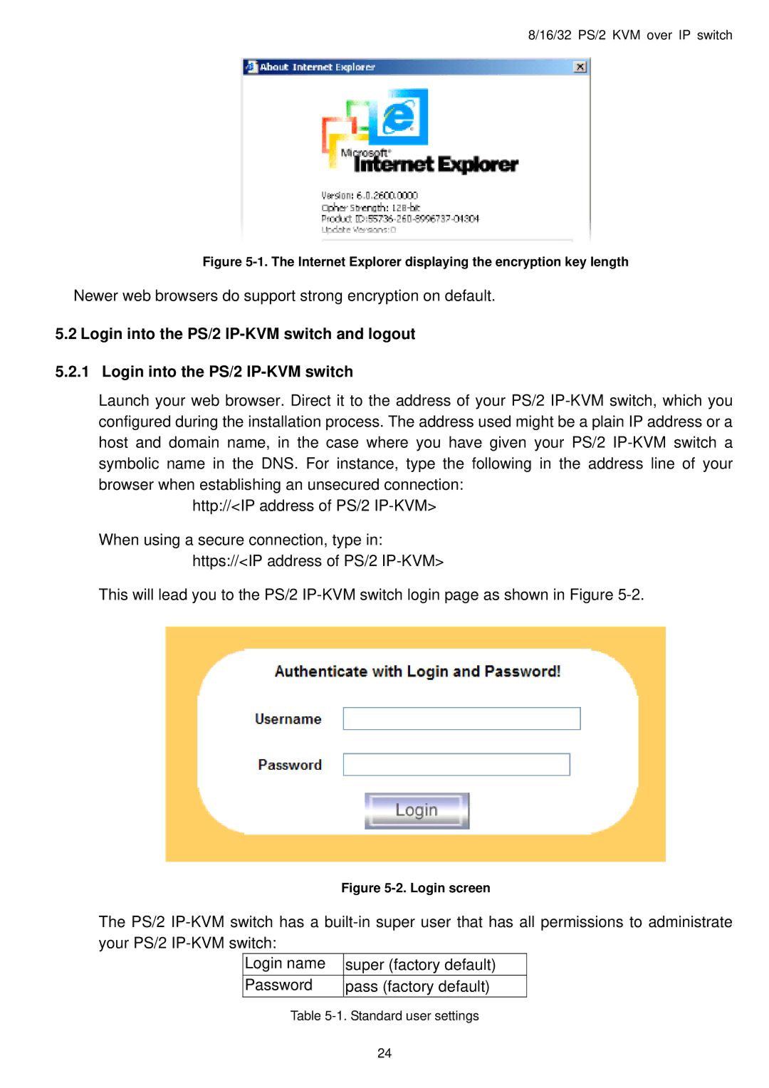 Avocent user manual Login into the PS/2 IP-KVM switch and logout, Internet Explorer displaying the encryption key length 