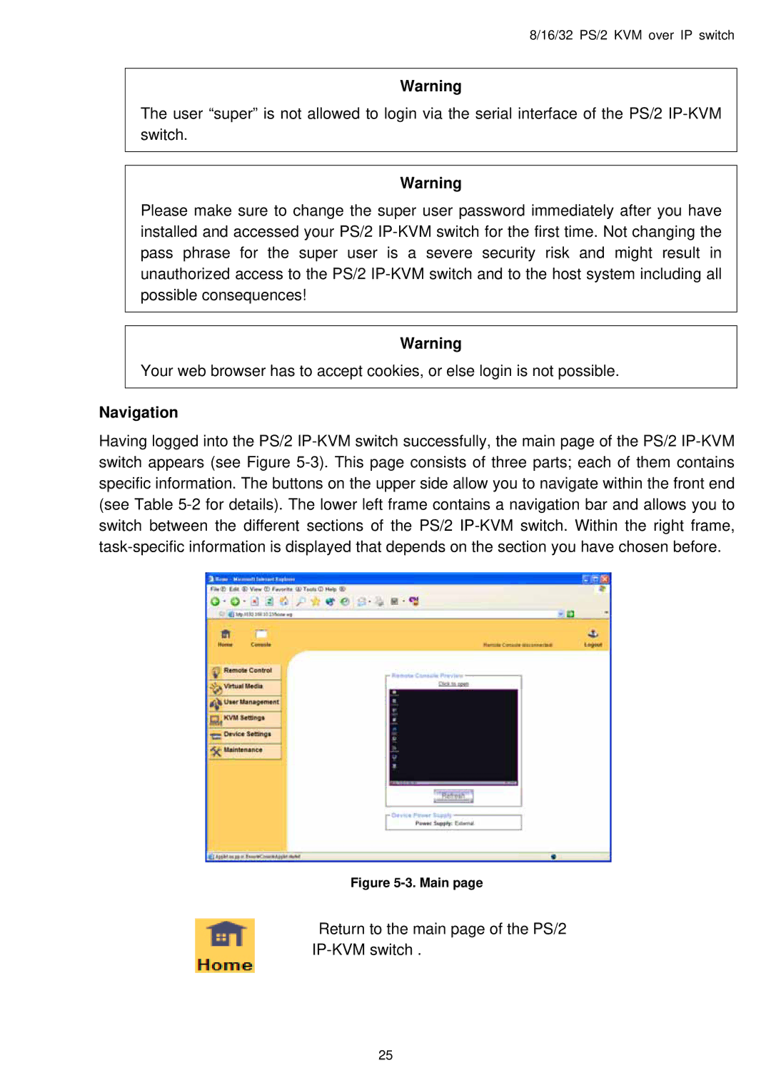 Avocent PS/2 IP user manual Navigation, Main 