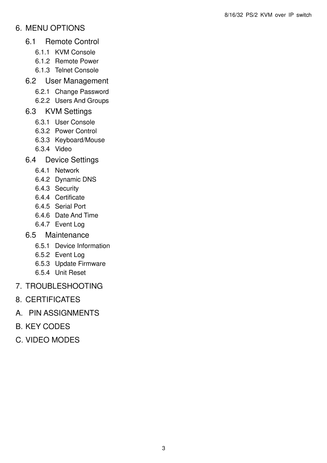 Avocent PS/2 IP user manual Menu Options 