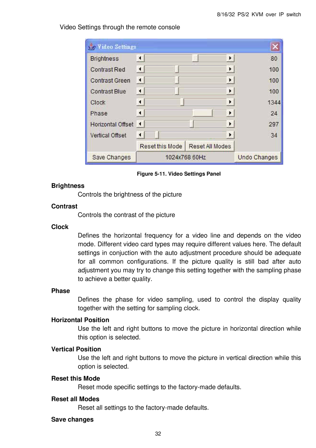 Avocent PS/2 IP Brightness, Contrast, Clock, Phase, Horizontal Position, Vertical Position, Reset this Mode, Save changes 