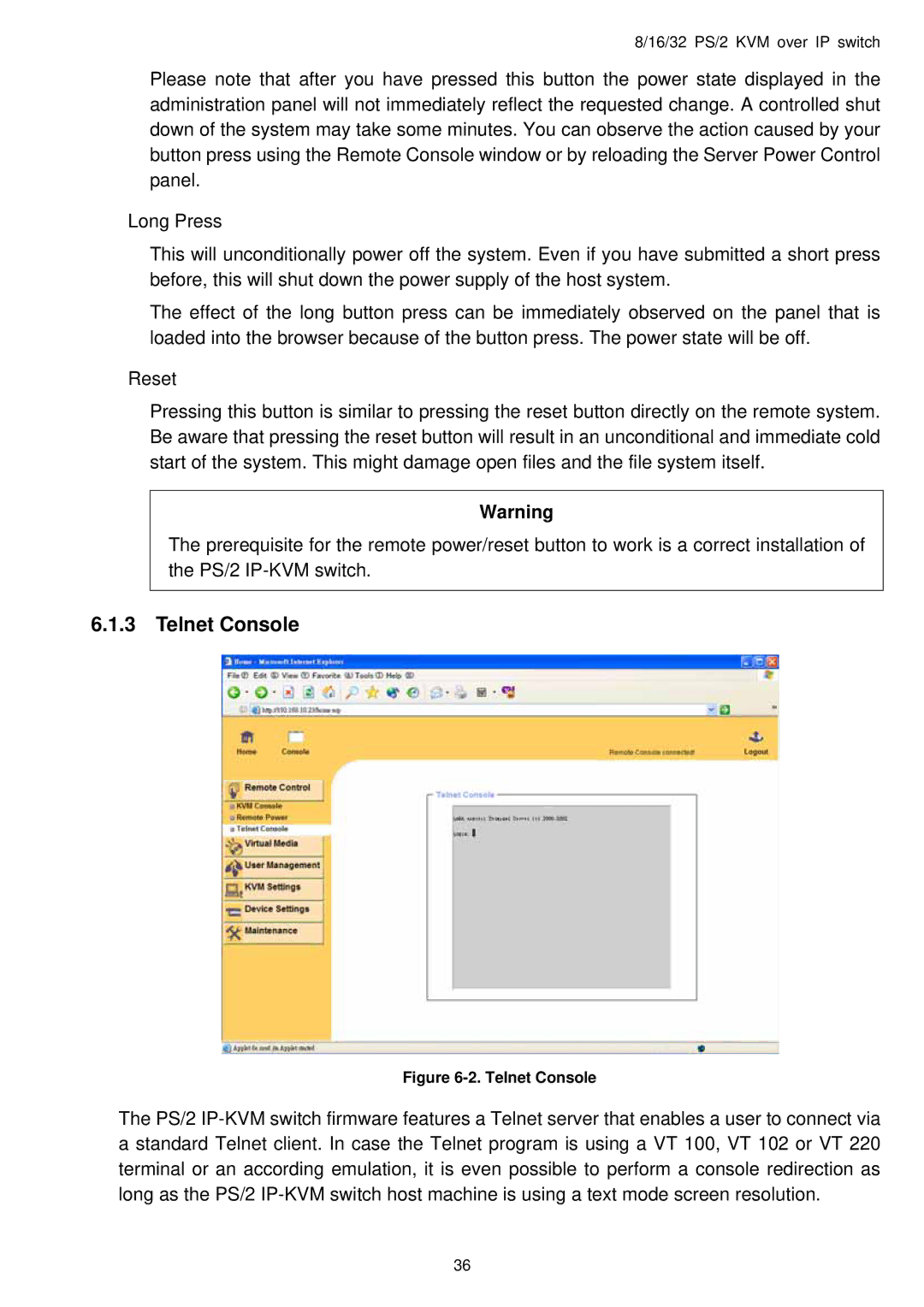 Avocent PS/2 IP user manual Telnet Console 