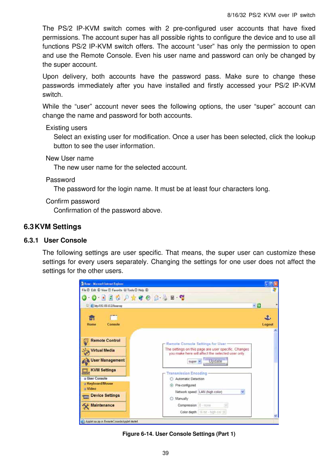 Avocent PS/2 IP user manual KVM Settings, User Console 