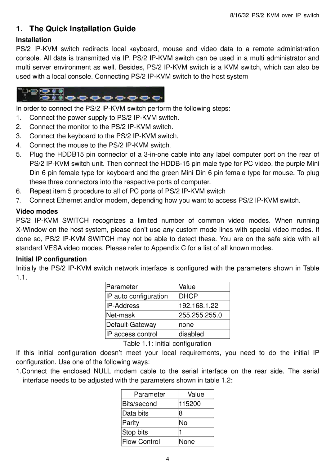 Avocent PS/2 IP user manual Quick Installation Guide, Video modes, Initial IP configuration 