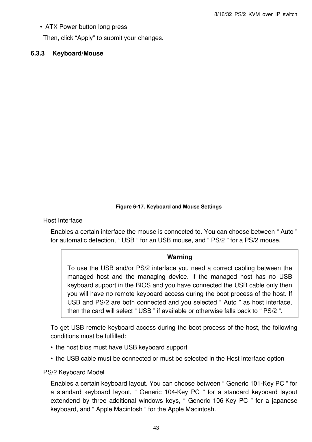 Avocent PS/2 IP user manual Keyboard/Mouse, Keyboard and Mouse Settings 