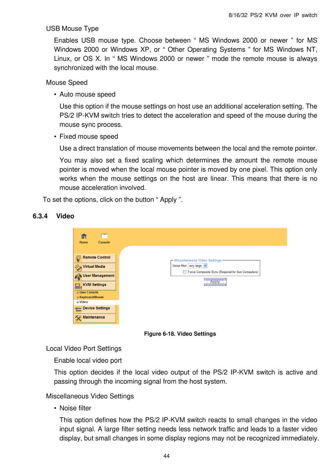 Avocent PS/2 IP user manual Video Settings 