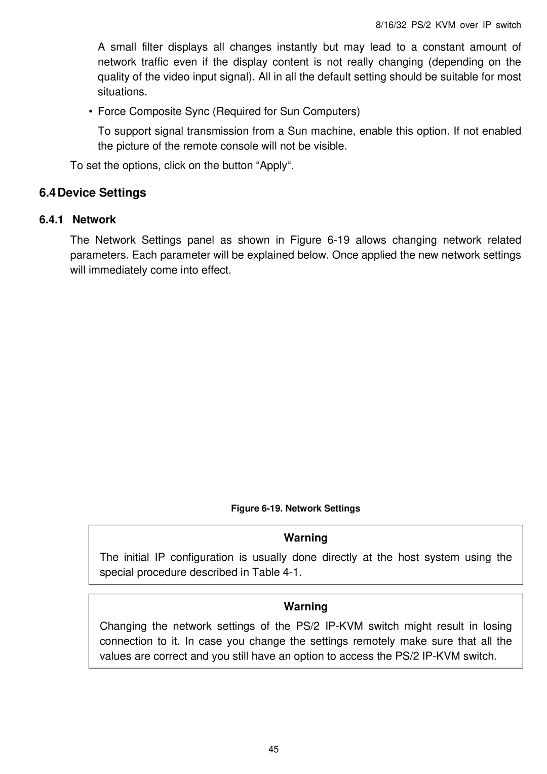 Avocent PS/2 IP user manual 4Device Settings, Network 