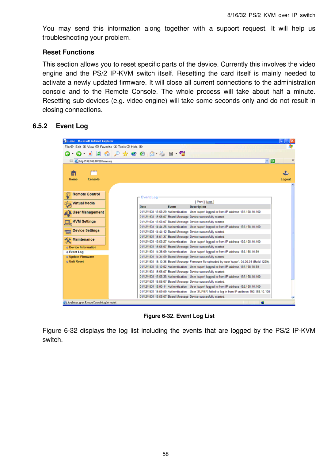 Avocent PS/2 IP user manual Reset Functions, Event Log List 