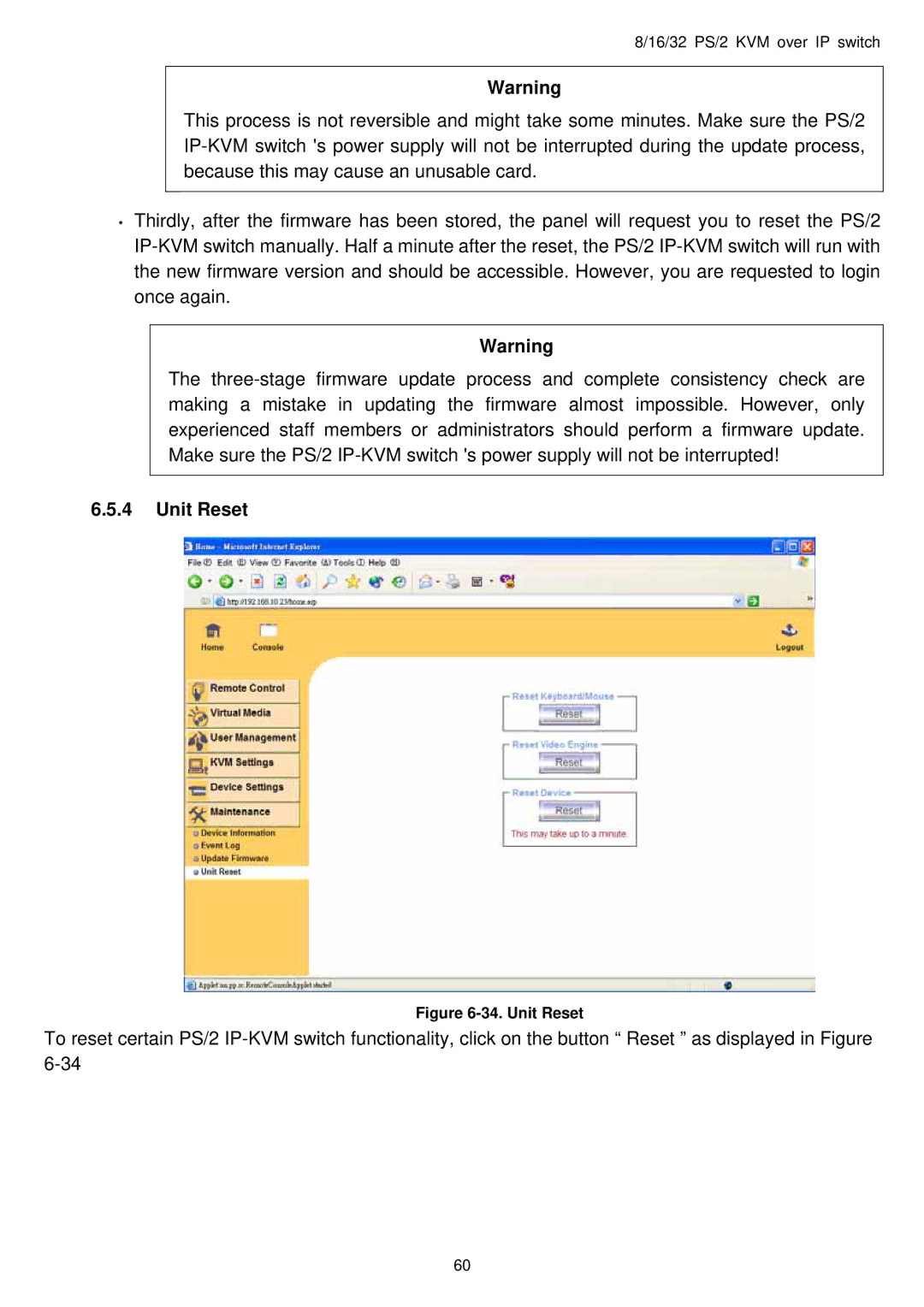 Avocent PS/2 IP user manual Unit Reset 