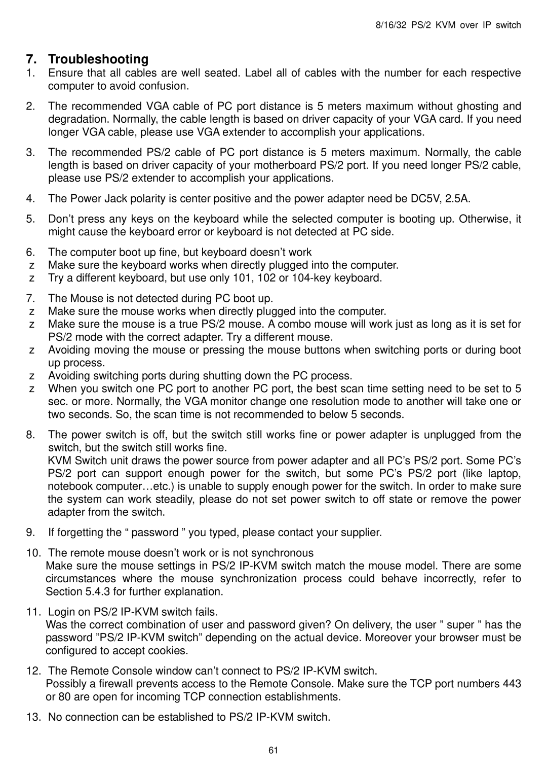 Avocent PS/2 IP user manual Troubleshooting 